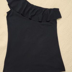 Lily Pulitzer Ruffle Off Shoulder Navy Top ~ XSmall ~ 100% Prima Cotton Knit